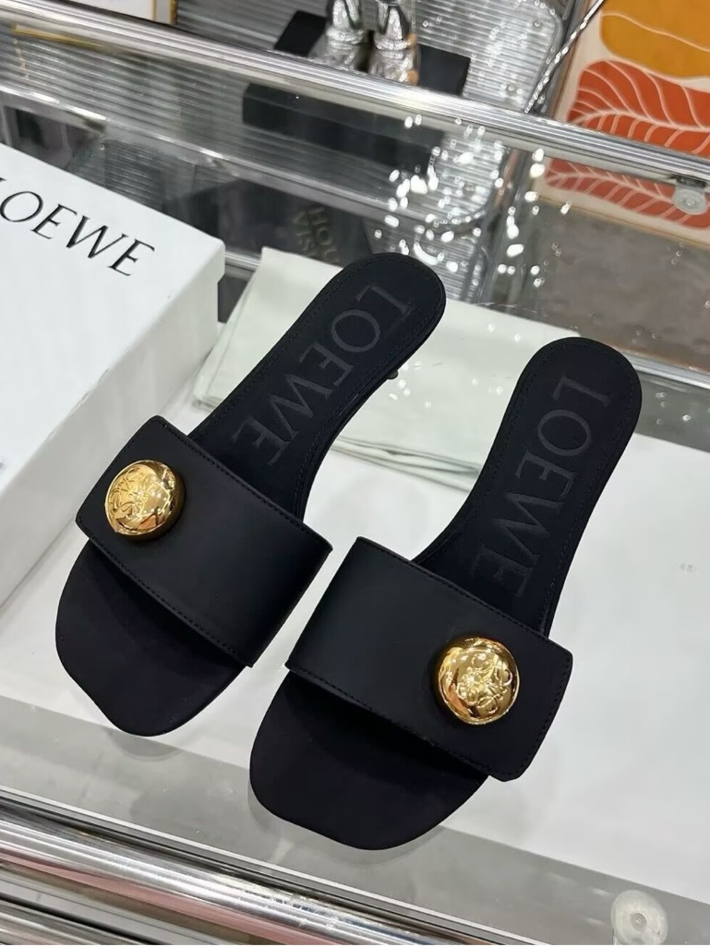 Loewe Black Slide Mules with Gold Medallion